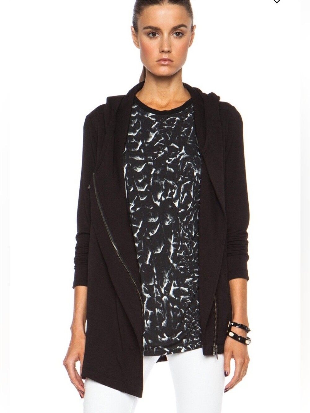 Helmut Lang Black Villous Hooded Cardigan Size XS/P Asymmetrical Zip Moto